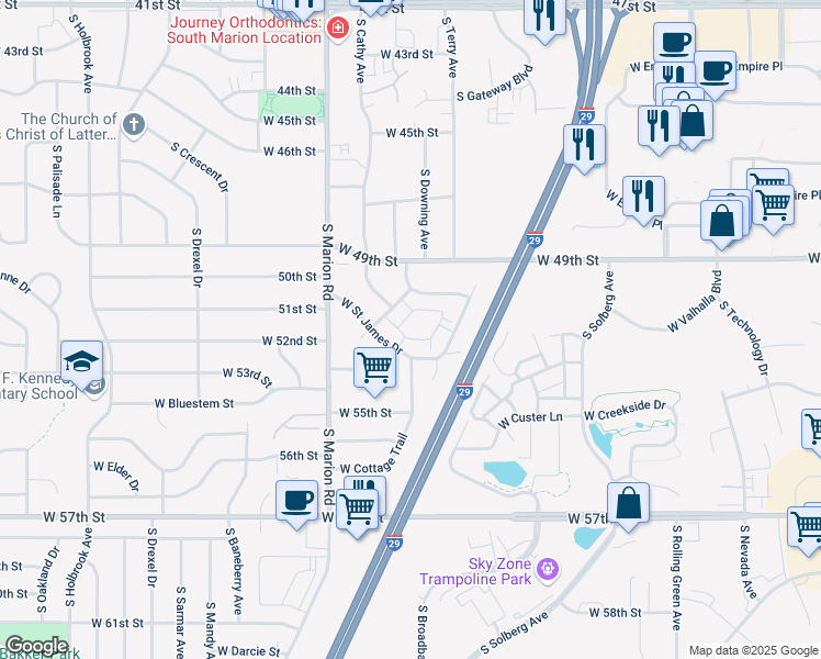 map of restaurants, bars, coffee shops, grocery stores, and more near 4908 West Street James Drive in Sioux Falls