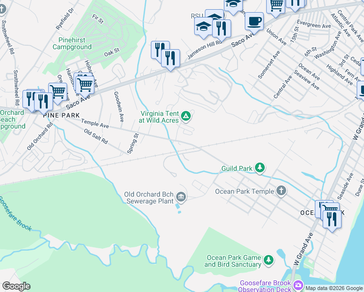 map of restaurants, bars, coffee shops, grocery stores, and more near 146 Temple Avenue in Old Orchard Beach