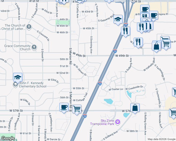 map of restaurants, bars, coffee shops, grocery stores, and more near 4290 South London Drive in Sioux Falls