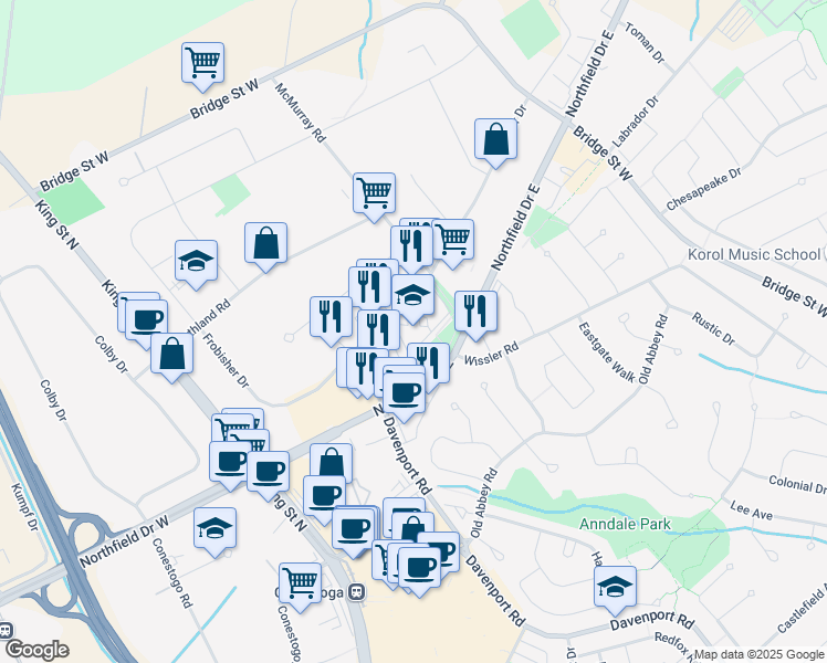 map of restaurants, bars, coffee shops, grocery stores, and more near 151 Frobisher Drive in Waterloo