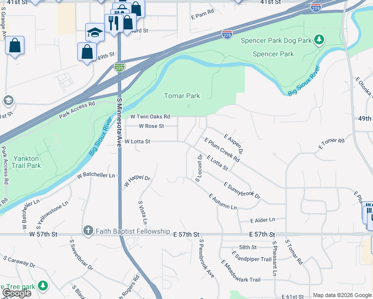 map of restaurants, bars, coffee shops, grocery stores, and more near 101 East Lotta Street in Sioux Falls
