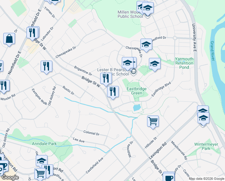 map of restaurants, bars, coffee shops, grocery stores, and more near 475 Annapolis Court in Waterloo