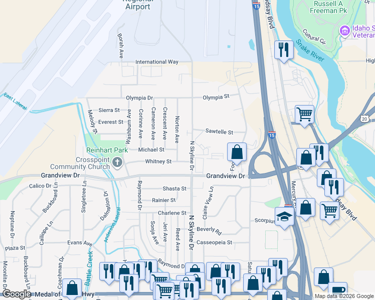 map of restaurants, bars, coffee shops, grocery stores, and more near 1095 North Skyline Drive in Idaho Falls