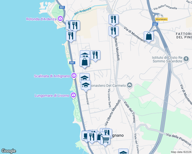 map of restaurants, bars, coffee shops, grocery stores, and more near 34 Via Carlo Puini in Livorno