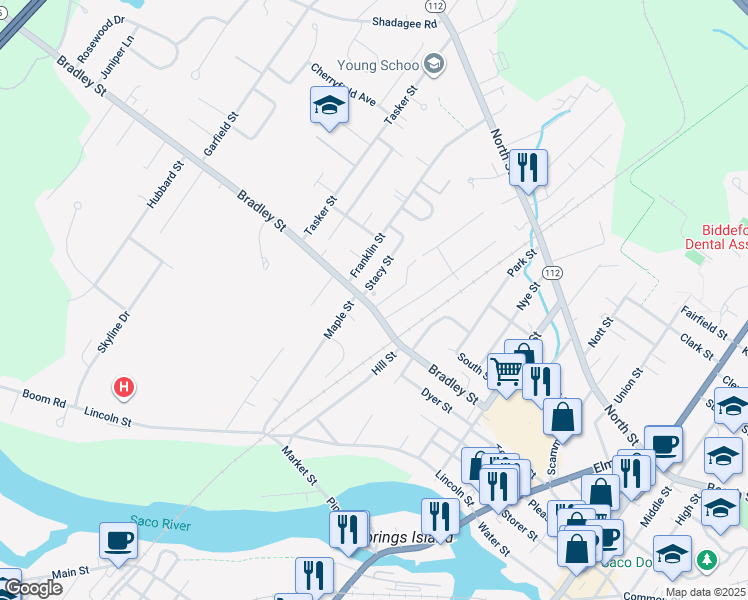 map of restaurants, bars, coffee shops, grocery stores, and more near 1 Stacy Street in Saco