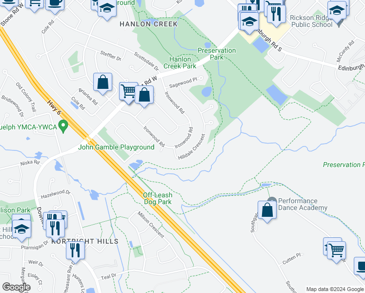 map of restaurants, bars, coffee shops, grocery stores, and more near 337 Ironwood Road in Guelph