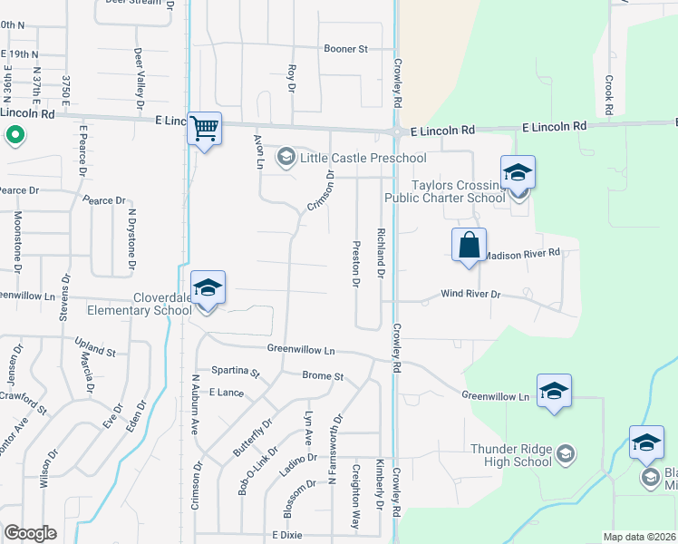 map of restaurants, bars, coffee shops, grocery stores, and more near 1189 Preston Drive in Idaho Falls