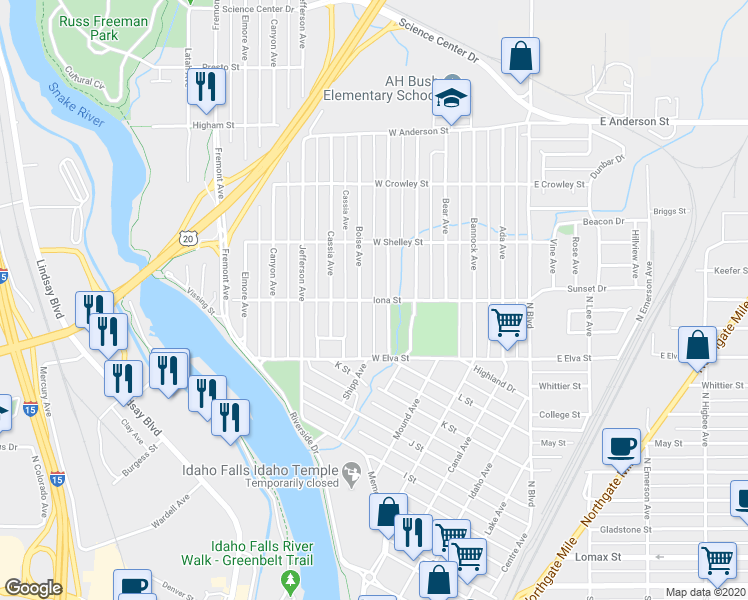 map of restaurants, bars, coffee shops, grocery stores, and more near 600 Iona Street in Idaho Falls