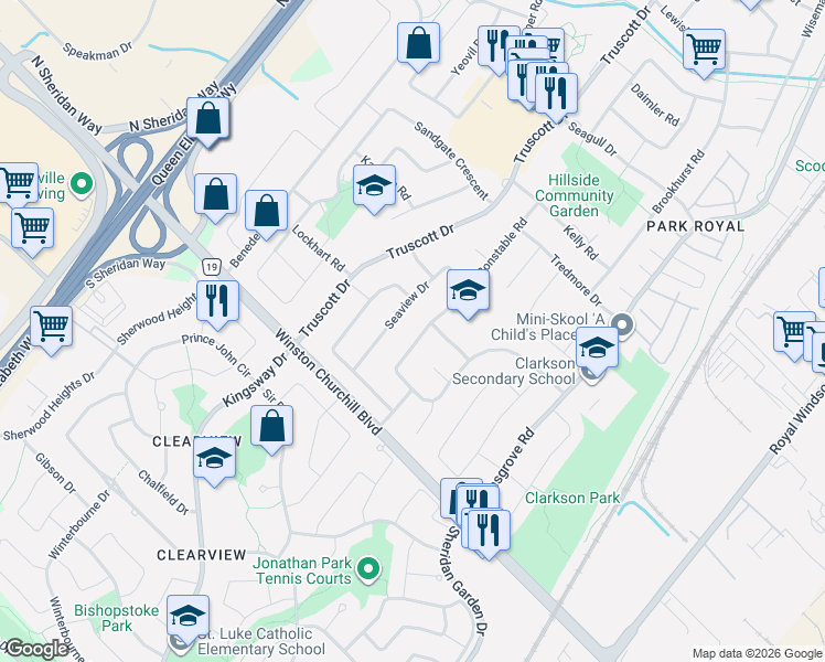 map of restaurants, bars, coffee shops, grocery stores, and more near 2673 Constable Road in Mississauga