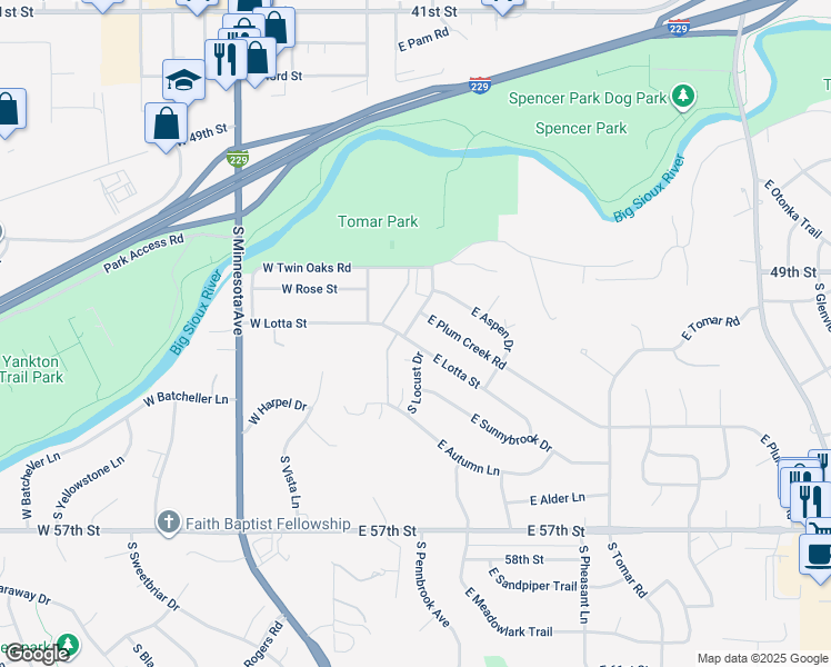 map of restaurants, bars, coffee shops, grocery stores, and more near 200 East Lotta Street in Sioux Falls
