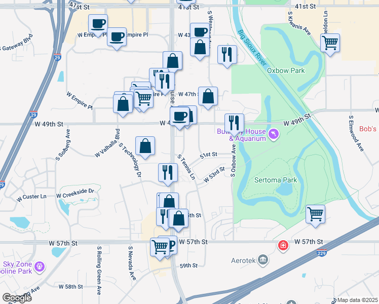 map of restaurants, bars, coffee shops, grocery stores, and more near 4304 South Arway Drive in Sioux Falls