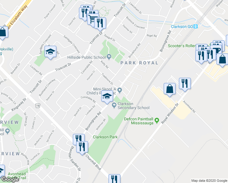 map of restaurants, bars, coffee shops, grocery stores, and more near 2481 Bromsgrove Road in Mississauga