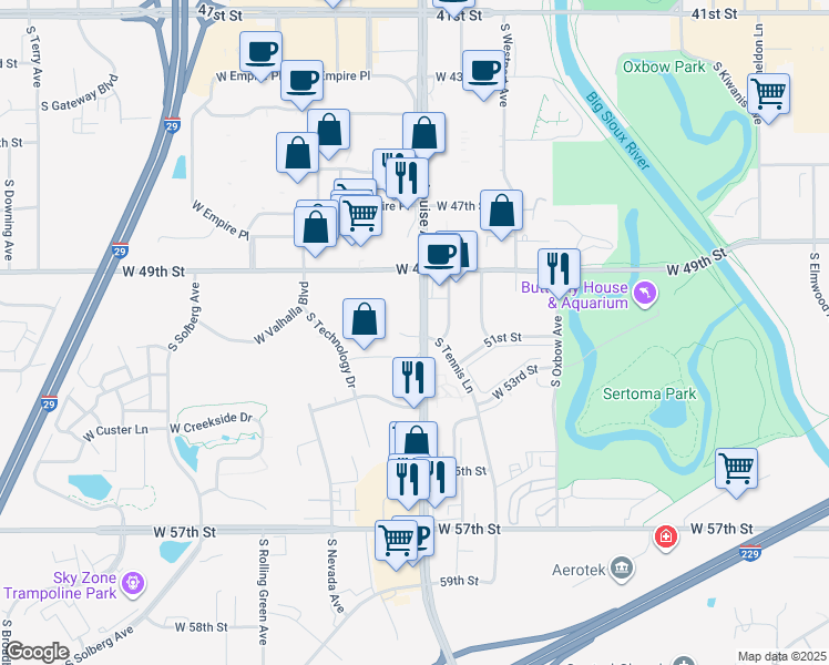 map of restaurants, bars, coffee shops, grocery stores, and more near 4305 West Brooks Place in Sioux Falls
