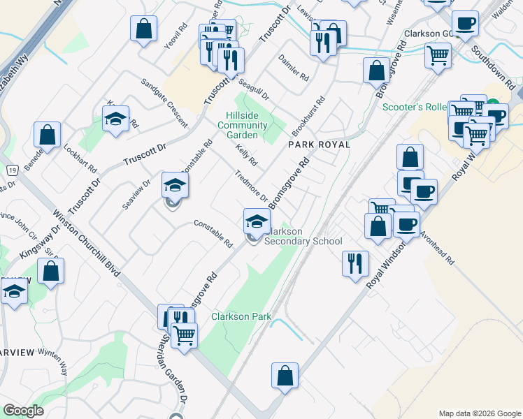 map of restaurants, bars, coffee shops, grocery stores, and more near in Mississauga
