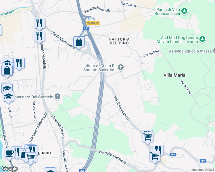 map of restaurants, bars, coffee shops, grocery stores, and more near 73 Via di Montenero in Livorno