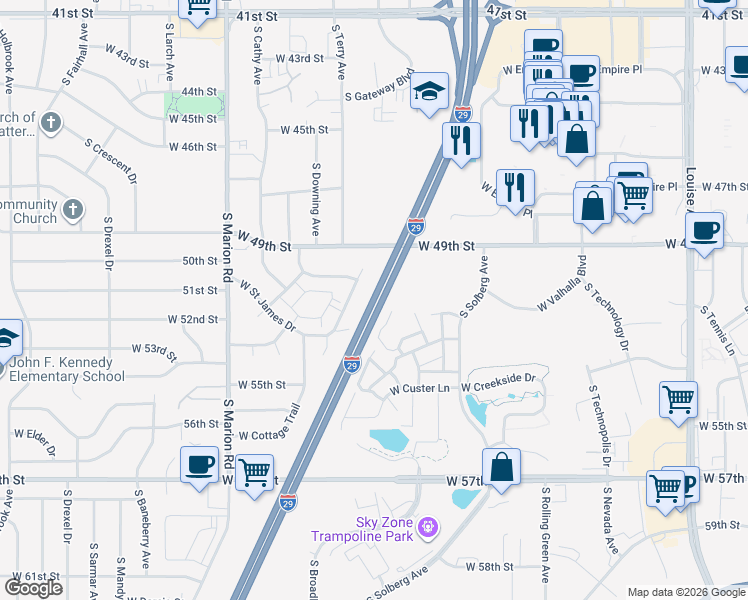 map of restaurants, bars, coffee shops, grocery stores, and more near Interstate 29 in Sioux Falls