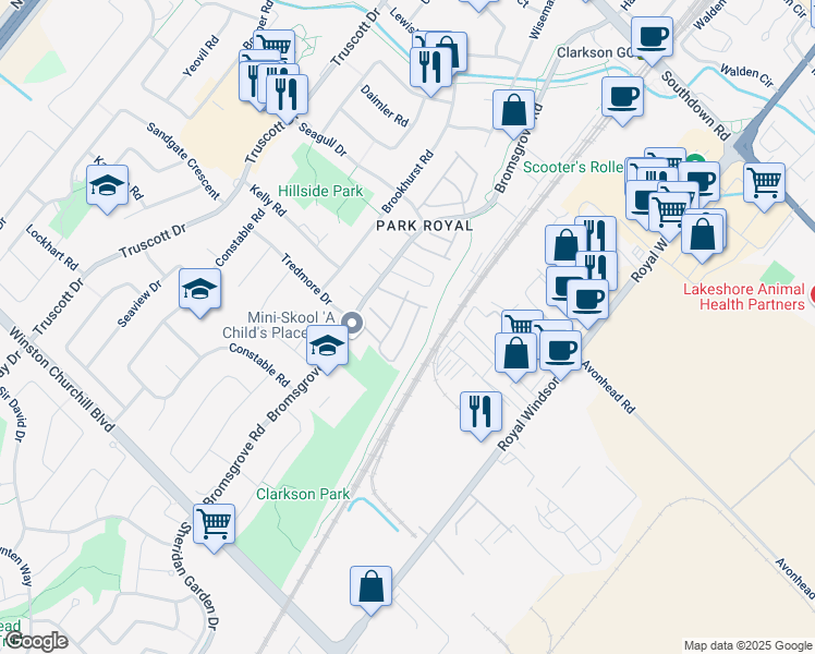 map of restaurants, bars, coffee shops, grocery stores, and more near 2440 Bromsgrove Road in Mississauga