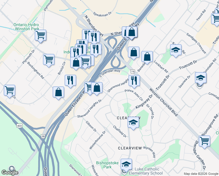 map of restaurants, bars, coffee shops, grocery stores, and more near 2913 Sherwood Heights Drive in Oakville