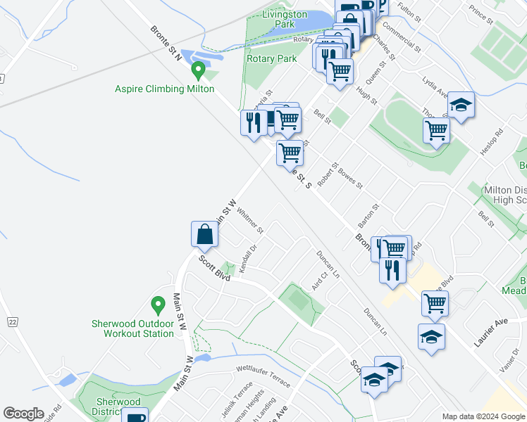 map of restaurants, bars, coffee shops, grocery stores, and more near 3074 Main Street West in Milton