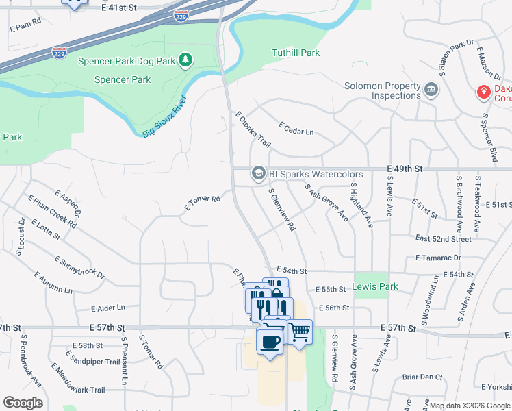 map of restaurants, bars, coffee shops, grocery stores, and more near 4200-4398 S Hickory Hill Rd in Sioux Falls