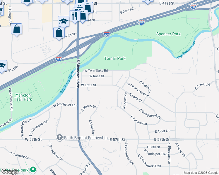 map of restaurants, bars, coffee shops, grocery stores, and more near 103 East Lotta Street in Sioux Falls