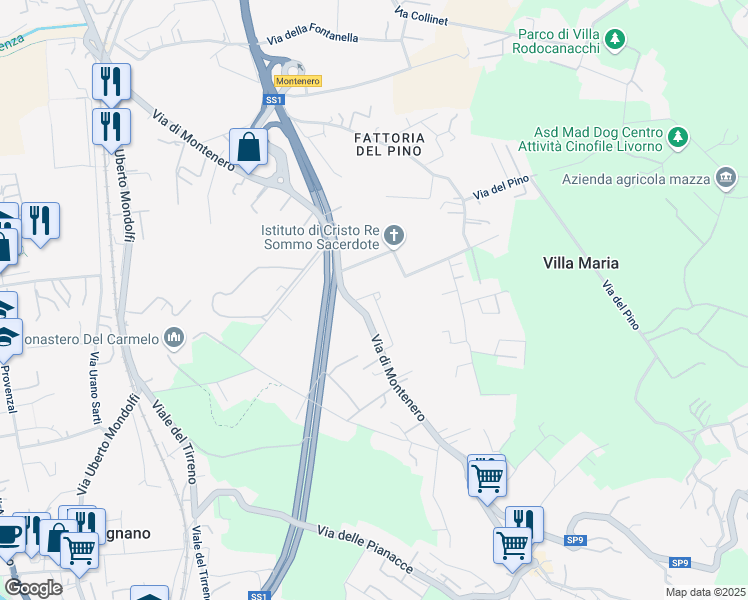 map of restaurants, bars, coffee shops, grocery stores, and more near 4 Via Piero Aloisi in Livorno