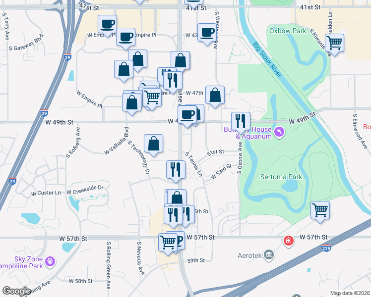 map of restaurants, bars, coffee shops, grocery stores, and more near 4305 West Brooks Place in Sioux Falls