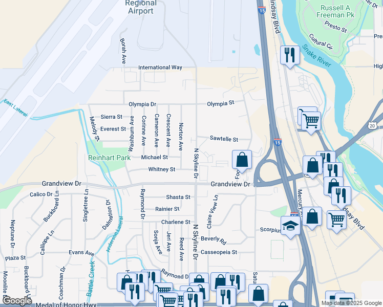 map of restaurants, bars, coffee shops, grocery stores, and more near 1107 North Skyline Drive in Idaho Falls