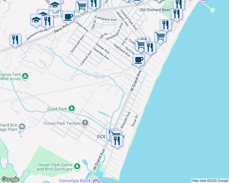 map of restaurants, bars, coffee shops, grocery stores, and more near 146 West Grand Avenue in Old Orchard Beach