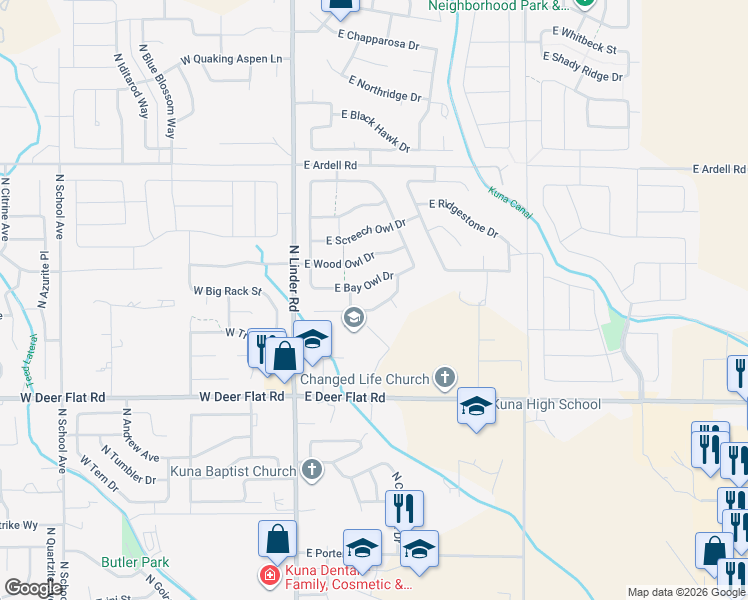map of restaurants, bars, coffee shops, grocery stores, and more near 340 East Scops Owl Drive in Kuna