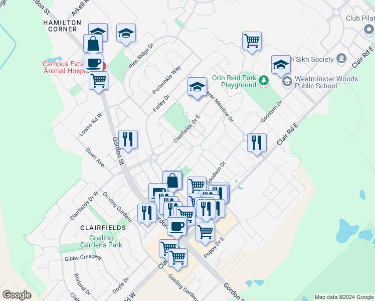 map of restaurants, bars, coffee shops, grocery stores, and more near 49 Porter Drive in Guelph