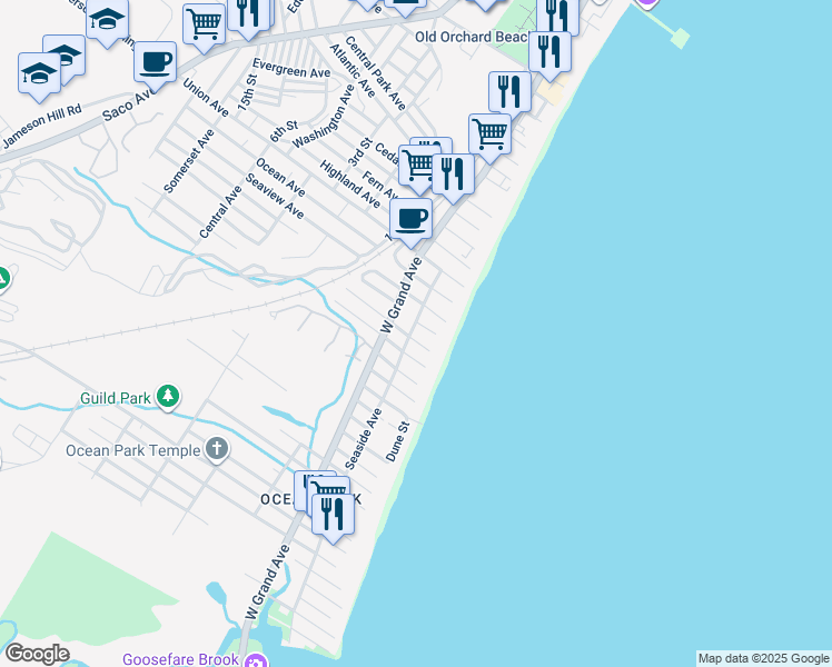map of restaurants, bars, coffee shops, grocery stores, and more near 8 Odessa Avenue in Old Orchard Beach
