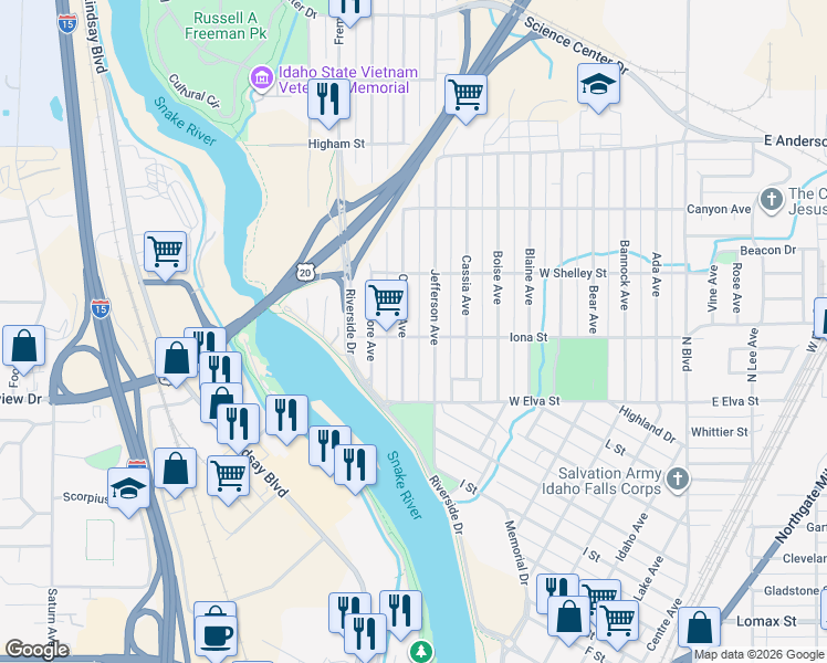 map of restaurants, bars, coffee shops, grocery stores, and more near 1030 Canyon Avenue in Idaho Falls