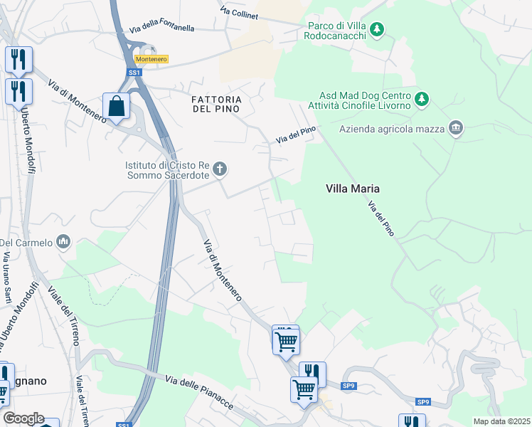 map of restaurants, bars, coffee shops, grocery stores, and more near 32 Via della Prugnoliccia in Livorno