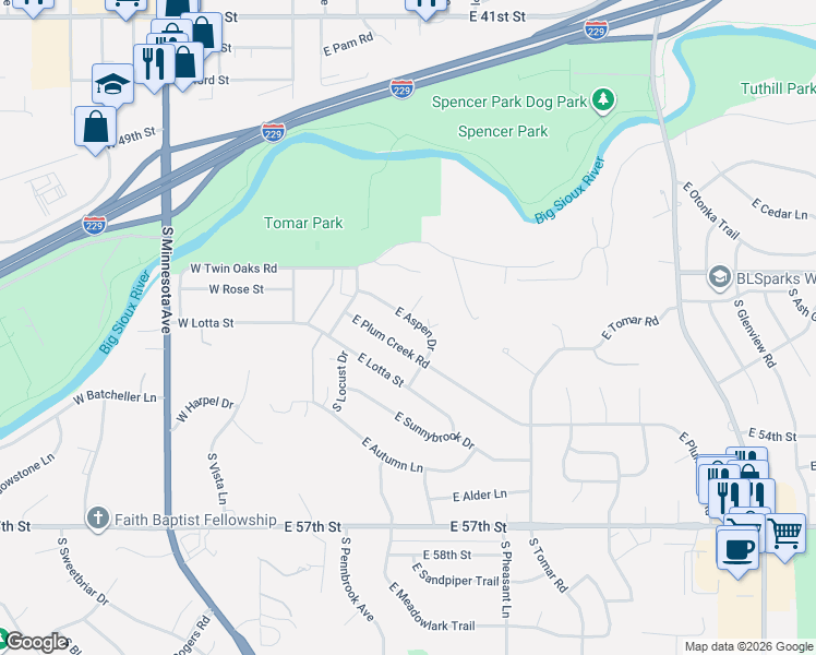 map of restaurants, bars, coffee shops, grocery stores, and more near 401-503 East Aspen Drive in Sioux Falls