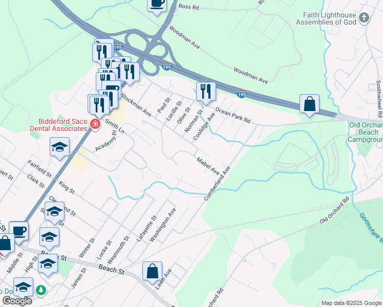 map of restaurants, bars, coffee shops, grocery stores, and more near 103 Pine Ledge Terrace in Saco