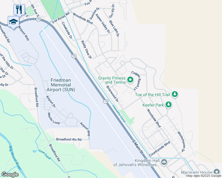 map of restaurants, bars, coffee shops, grocery stores, and more near 2030 Briarwood Drive in Hailey