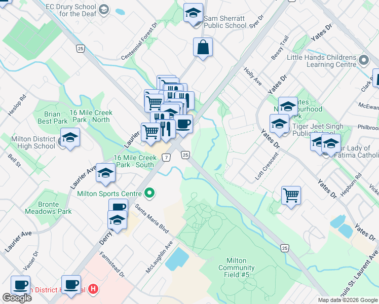 map of restaurants, bars, coffee shops, grocery stores, and more near 6756 Regional Road 25 in Milton