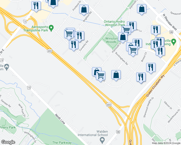 map of restaurants, bars, coffee shops, grocery stores, and more near 2823 Bristol Circle in Oakville