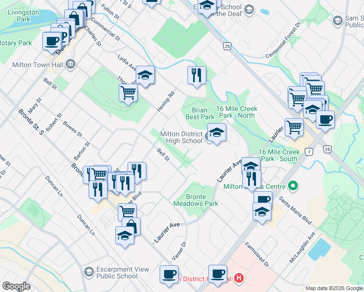 map of restaurants, bars, coffee shops, grocery stores, and more near 354 Maplewood Crescent in Milton