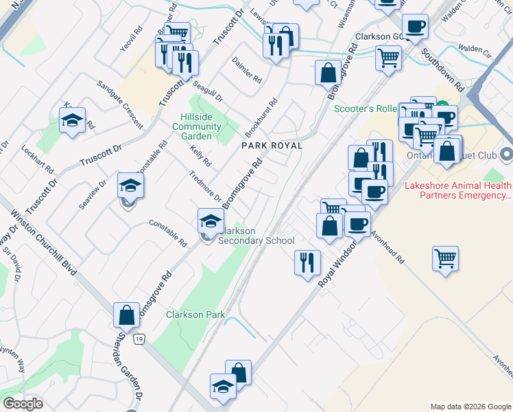 map of restaurants, bars, coffee shops, grocery stores, and more near 2440 Bromsgrove Road in Mississauga