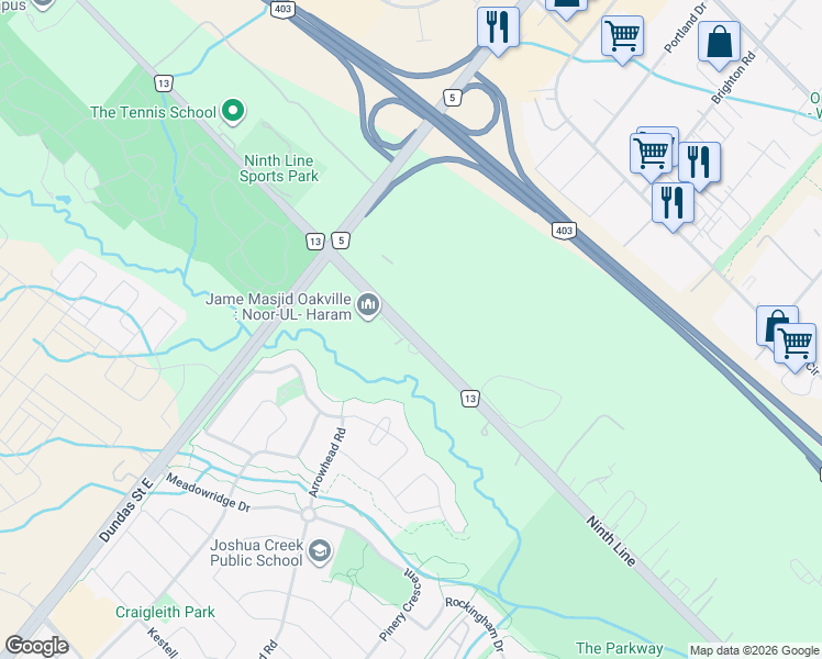 map of restaurants, bars, coffee shops, grocery stores, and more near 2435 Ninth Line in Oakville