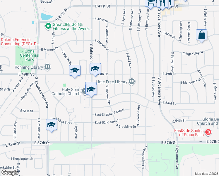 map of restaurants, bars, coffee shops, grocery stores, and more near 4209-4215 South Lisanne Avenue in Sioux Falls