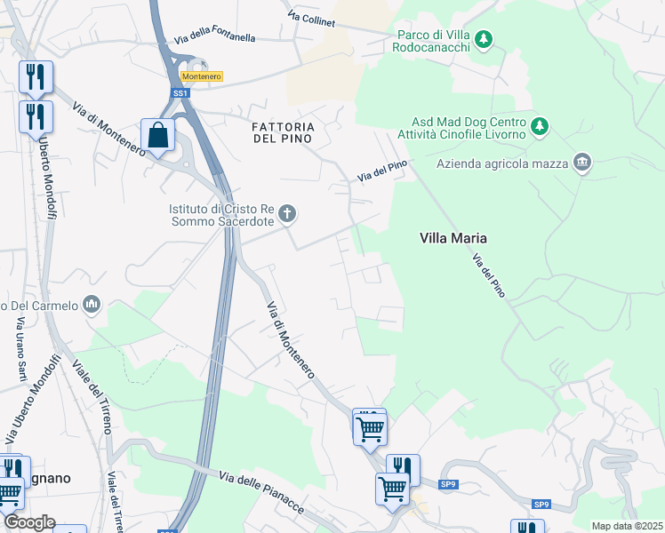 map of restaurants, bars, coffee shops, grocery stores, and more near 32 Via della Prugnoliccia in Livorno
