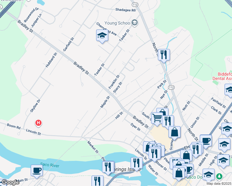 map of restaurants, bars, coffee shops, grocery stores, and more near 1 Stacy St in Saco