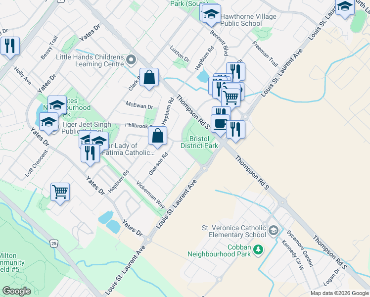 map of restaurants, bars, coffee shops, grocery stores, and more near 384 Kennedy Circle West in Milton