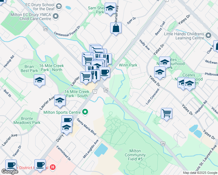 map of restaurants, bars, coffee shops, grocery stores, and more near 6756 Regional Road 25 in Milton