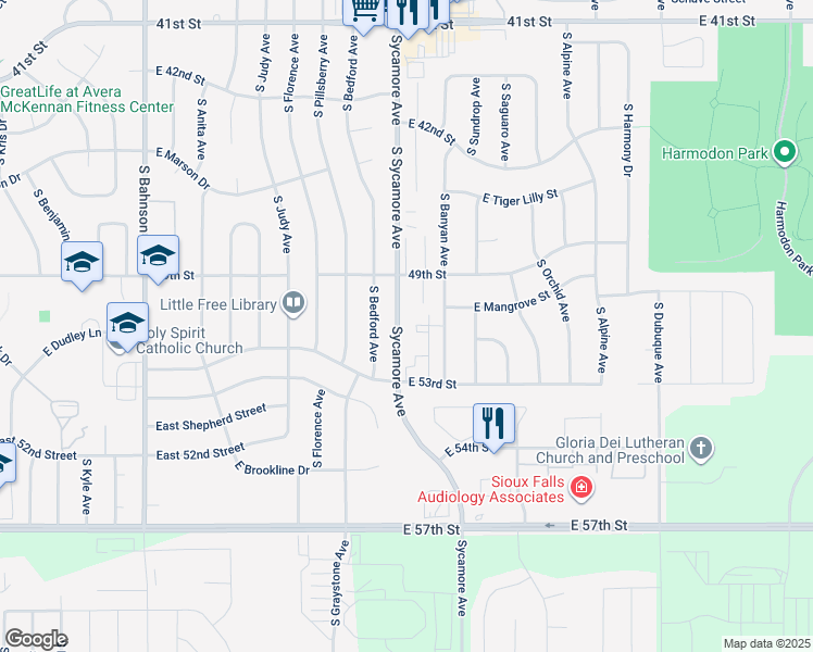 map of restaurants, bars, coffee shops, grocery stores, and more near 4520 East 53rd Street in Sioux Falls