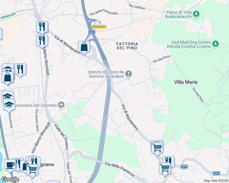 map of restaurants, bars, coffee shops, grocery stores, and more near 73 Via di Montenero in Livorno