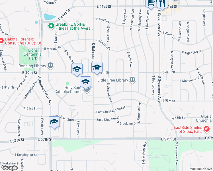map of restaurants, bars, coffee shops, grocery stores, and more near 4209 South Lisanne Avenue in Sioux Falls
